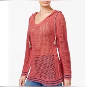 Free People shadow stripe open knit hoodie sweater coral pink size small